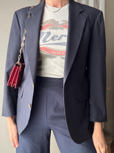 Load image into Gallery viewer, Vintage Wool Boyfriend Blazer: Dark Navy Blue with Gold Crest Buttons
