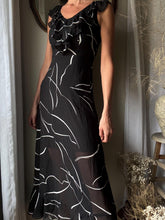 Load image into Gallery viewer, Vintage Y2K DKNY Black White Abstract Pattern Ruffle Hem Maxi Dress

