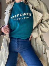 Load image into Gallery viewer, Upcycled Vintage Oversized Teal Long Sleeve Raglan Sweatshirt Beige Keep Earth Vintage Logo

