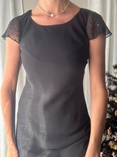 Load image into Gallery viewer, Classic Vintage Black Short Rhinestone Sheer Flutter Sleeve Crew Neck LBD Dress Lined Petite
