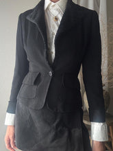 Load image into Gallery viewer, Vintage Wool Black Fitted Blazer Faux Shearling Velvet Collar Made in USA
