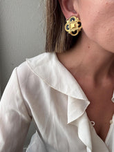 Load image into Gallery viewer, Vintage 90s Gold Black Braided Clover Clip On Statement Earrings
