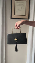 Load and play video in Gallery viewer, Vintage Black Handbag with French Gold Swan Brooch Sourced from France Black Gold Tassel Fringe

