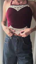 Load and play video in Gallery viewer, Vintage Upcycled Burgundy Maroon Velvet Square Neck Halter Tie Top Handmade
