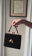 Load and play video in Gallery viewer, Vintage Black Velvet Handbag with French Horse Brooch Sourced from France Black Gold Tassel Fringe
