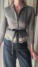 Load and play video in Gallery viewer, Vintage Upcycled Gray Cropped Blazer with French Vintage Lace Sourced from France Removable Waist Tie
