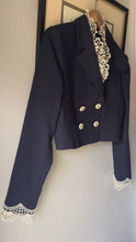 Load and play video in Gallery viewer, Vintage Upcycled Cropped Blazer with French Antique Lace Sourced from France
