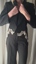 Load and play video in Gallery viewer, Vintage Upcycled Tuxedo Blazer Jacket with French Antique Lace Sourced from France
