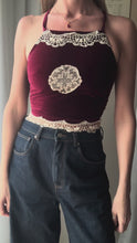 Load and play video in Gallery viewer, Vintage Upcycled Burgundy Maroon Velvet Square Neck Halter Tie Top Handmade
