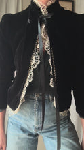 Load and play video in Gallery viewer, Vintage French Lace Upcycled Black Velvet Jacket with Gold Braided Trim Detail

