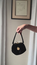 Load and play video in Gallery viewer, Vintage Upcyled Black Velvet Handbag with French Brooch Sourced from France Black Gold Tassel Fringe
